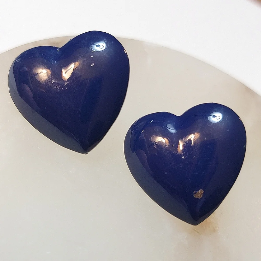 Vintage Navy Puffed Heart Pierced Earrings Blue